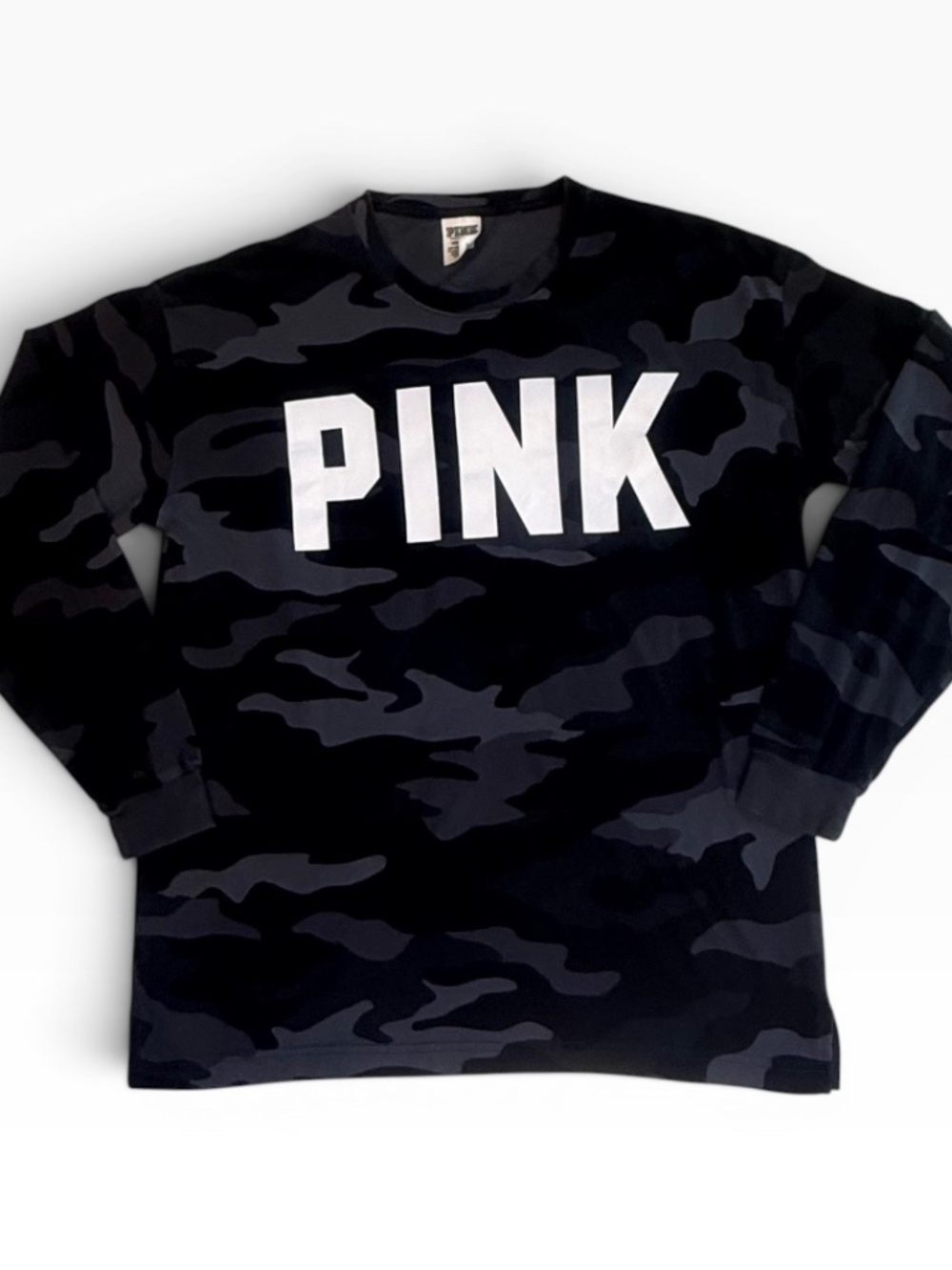 VS Pink Campus Long Sleeve Top! Black/Grey Camo, Size SMALL, EUC!